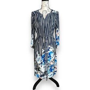 AUW Blue White Floral Stripe Split Neck 3/4 Sleeve Shift Dress Belted Large